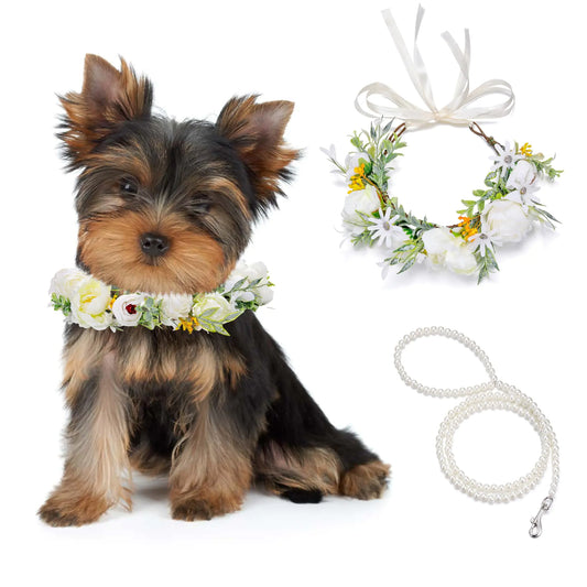 Conjunto de collar y correa de perla para perro Bridal Blossom